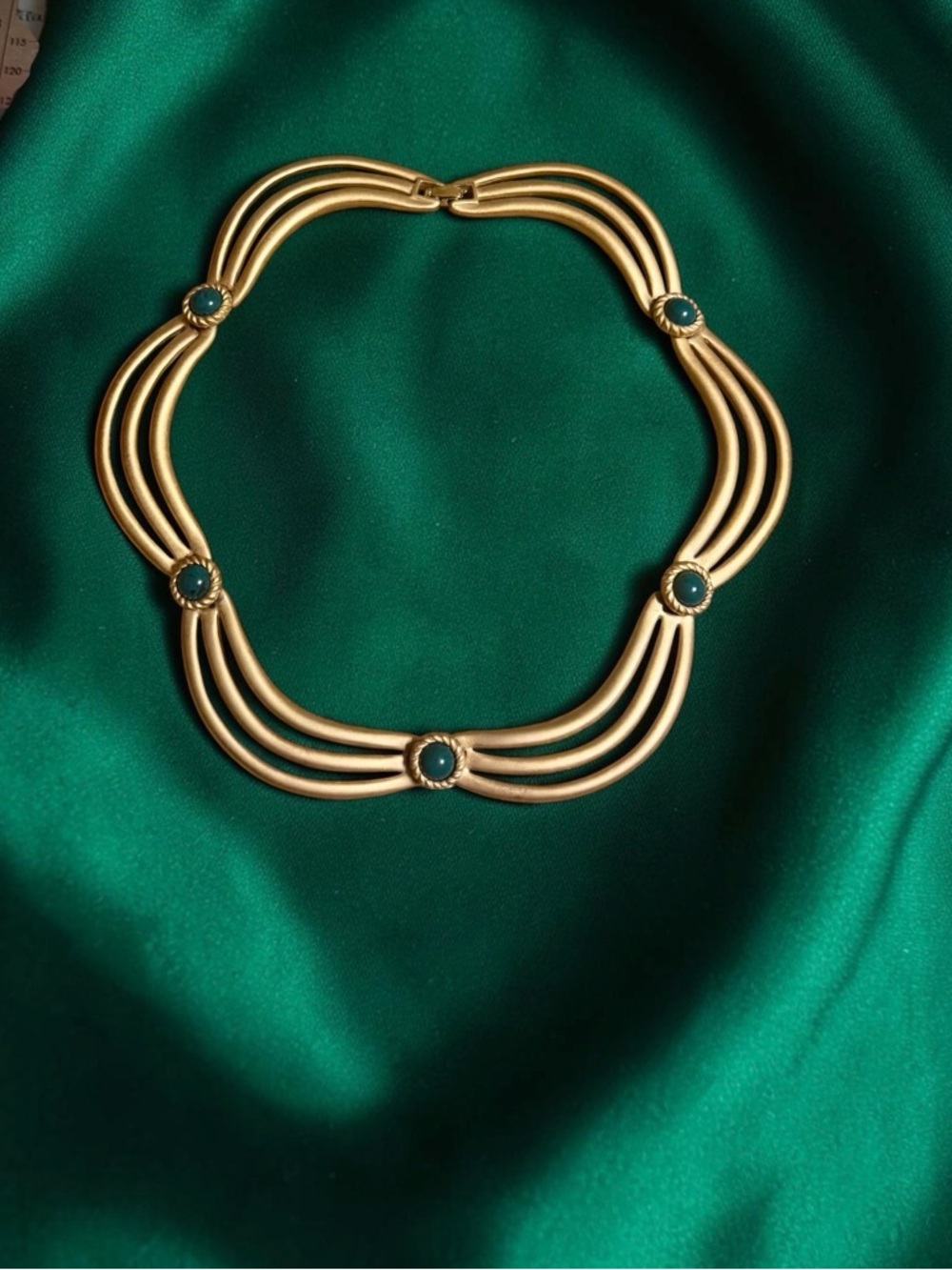 Vintage Monet Brushed Gold-Tone Collar Necklace with Green Cabochans